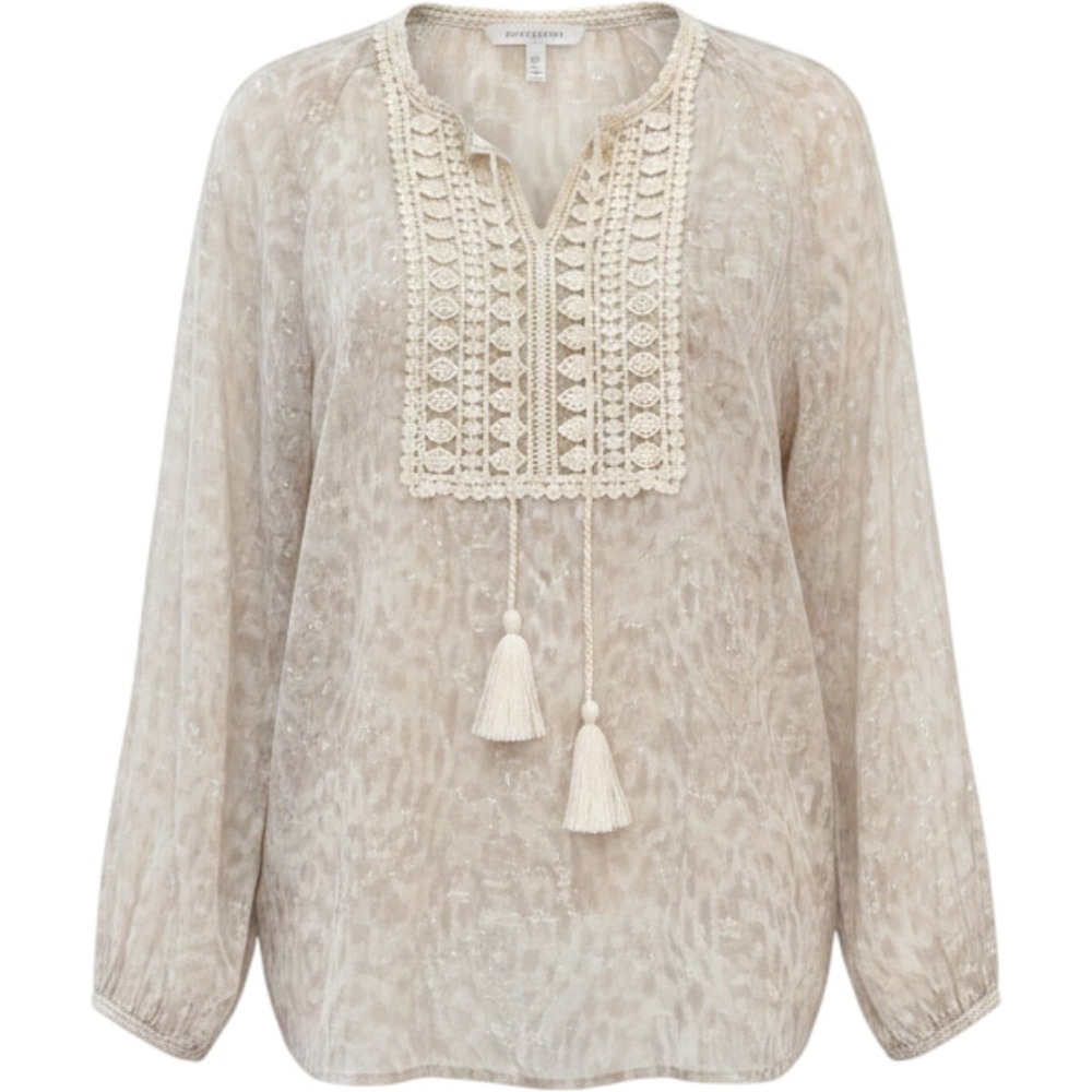 T Tahari Women Neutral Animal Print Crochet‎ Lace Bib Tassel Blouse Top XL